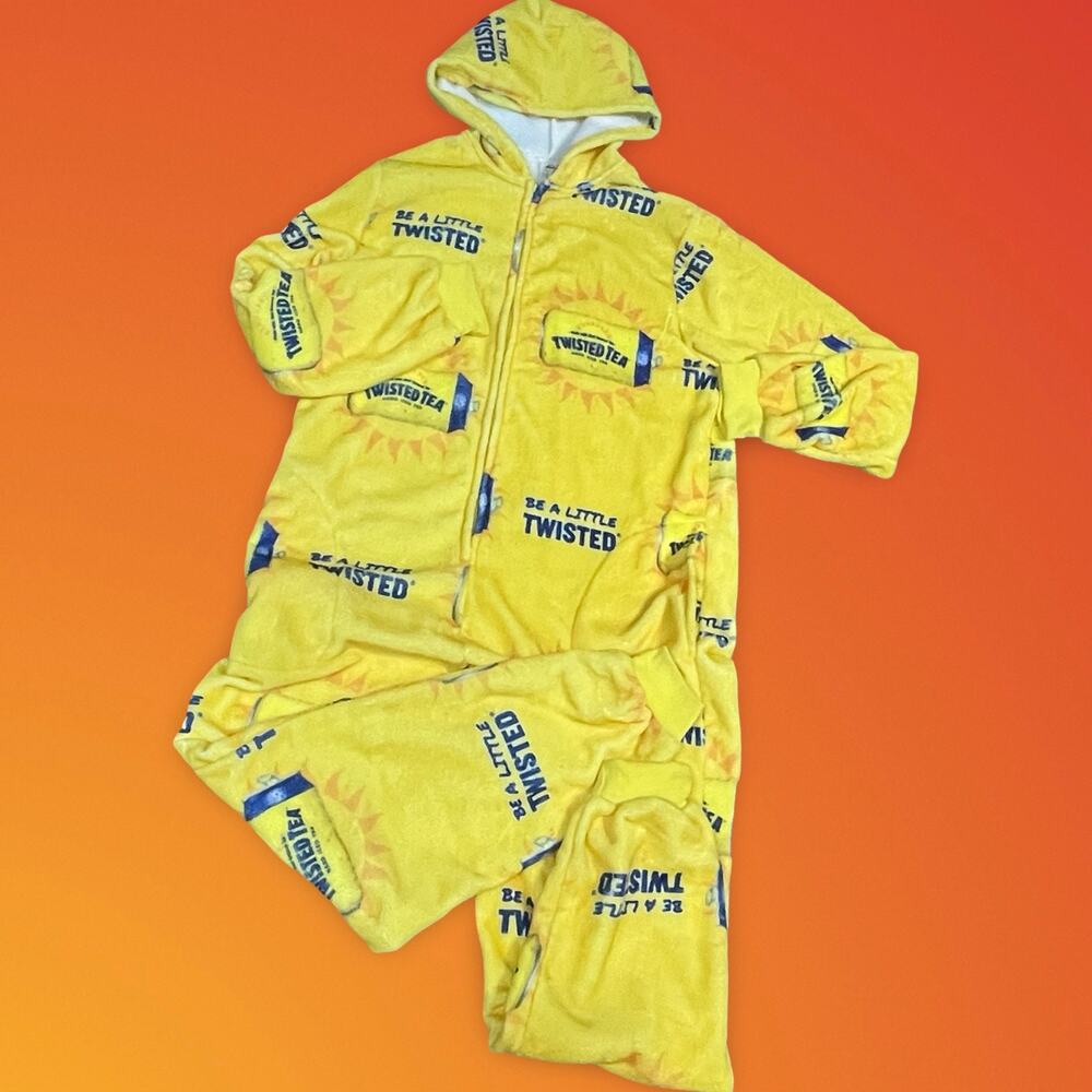 Twisted Tea Adult Union Suit Pajamas Medium Large Yellow Hood Men Women Jumpsuit